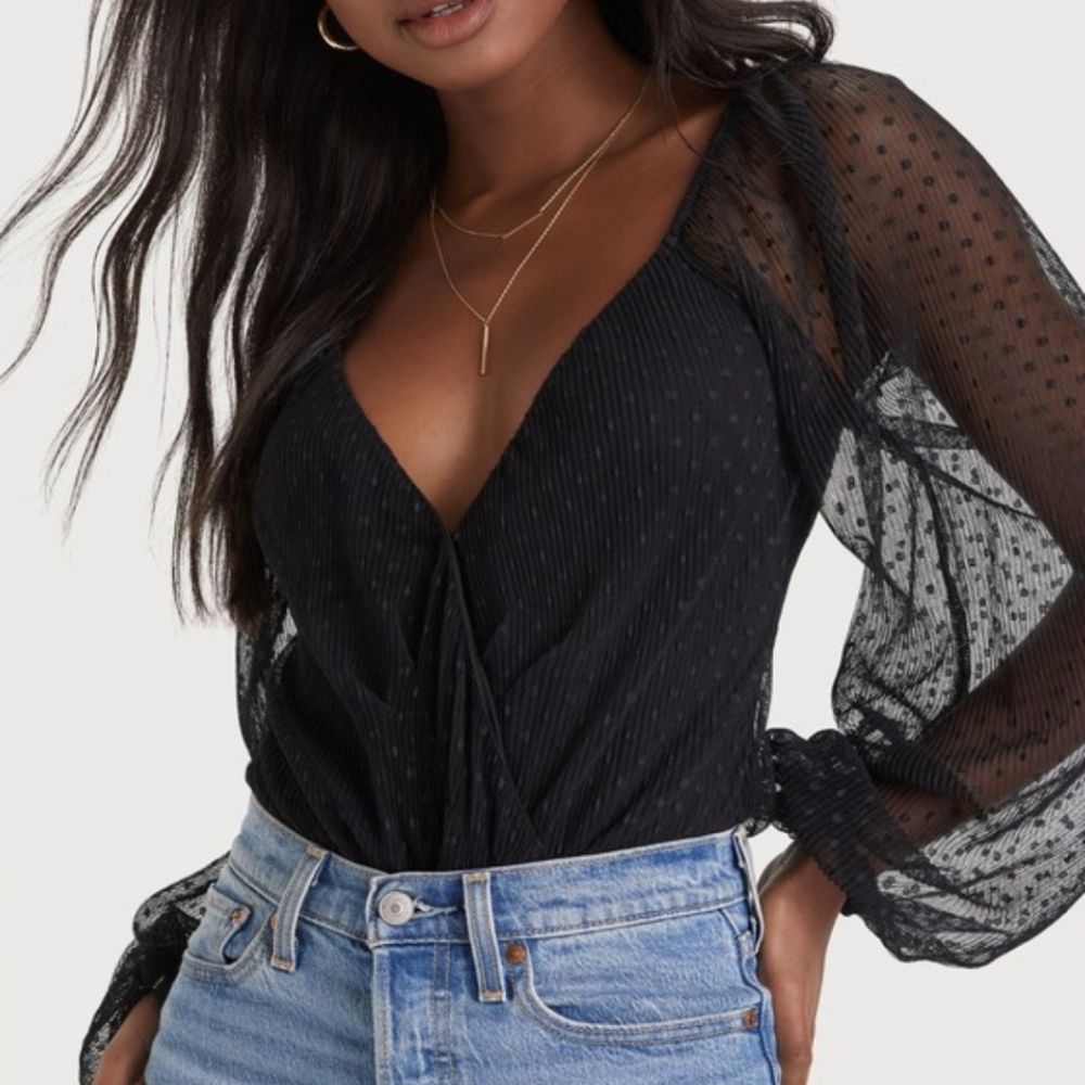 LULUS Pleated Swiss Dot Surplice Black Bodysuit